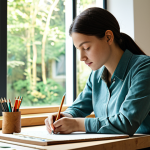 A focused female designer in professional, modest attire, fully clothed, seated at a natural wood workbench in a brightly lit, contemporary design studio. She is sketching intricate organic patterns in a sketchbook, inspired by various natural elements like leaves, branches, and pebbles arranged on the table. Large windows in the background overlook a lush, green garden, bringing serene natural light into the space. The scene is captured with perfect anatomy, correct proportions, natural pose, well-formed hands, and proper finger count. High-resolution, professional photography, soft natural lighting, and realistic rendering. Safe for work, appropriate content, fully clothed, modest, family-friendly.