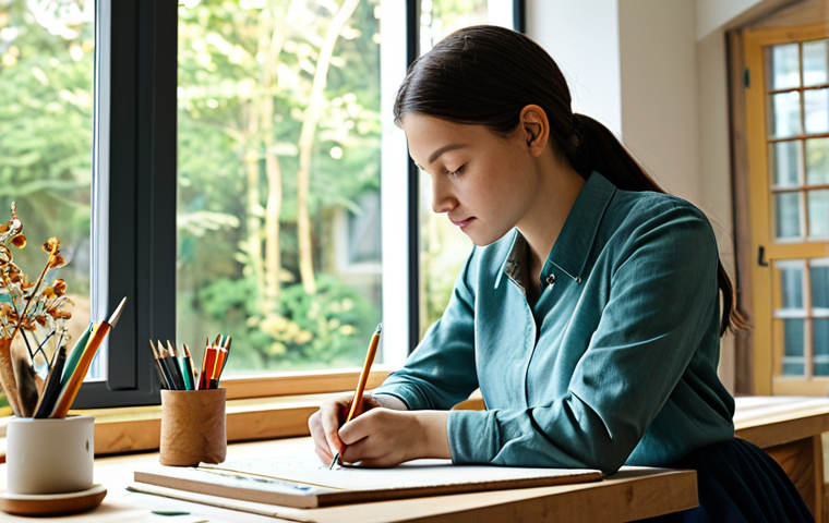 A focused female designer in professional, modest attire, fully clothed, seated at a natural wood workbench in a brightly lit, contemporary design studio. She is sketching intricate organic patterns in a sketchbook, inspired by various natural elements like leaves, branches, and pebbles arranged on the table. Large windows in the background overlook a lush, green garden, bringing serene natural light into the space. The scene is captured with perfect anatomy, correct proportions, natural pose, well-formed hands, and proper finger count. High-resolution, professional photography, soft natural lighting, and realistic rendering. Safe for work, appropriate content, fully clothed, modest, family-friendly.
