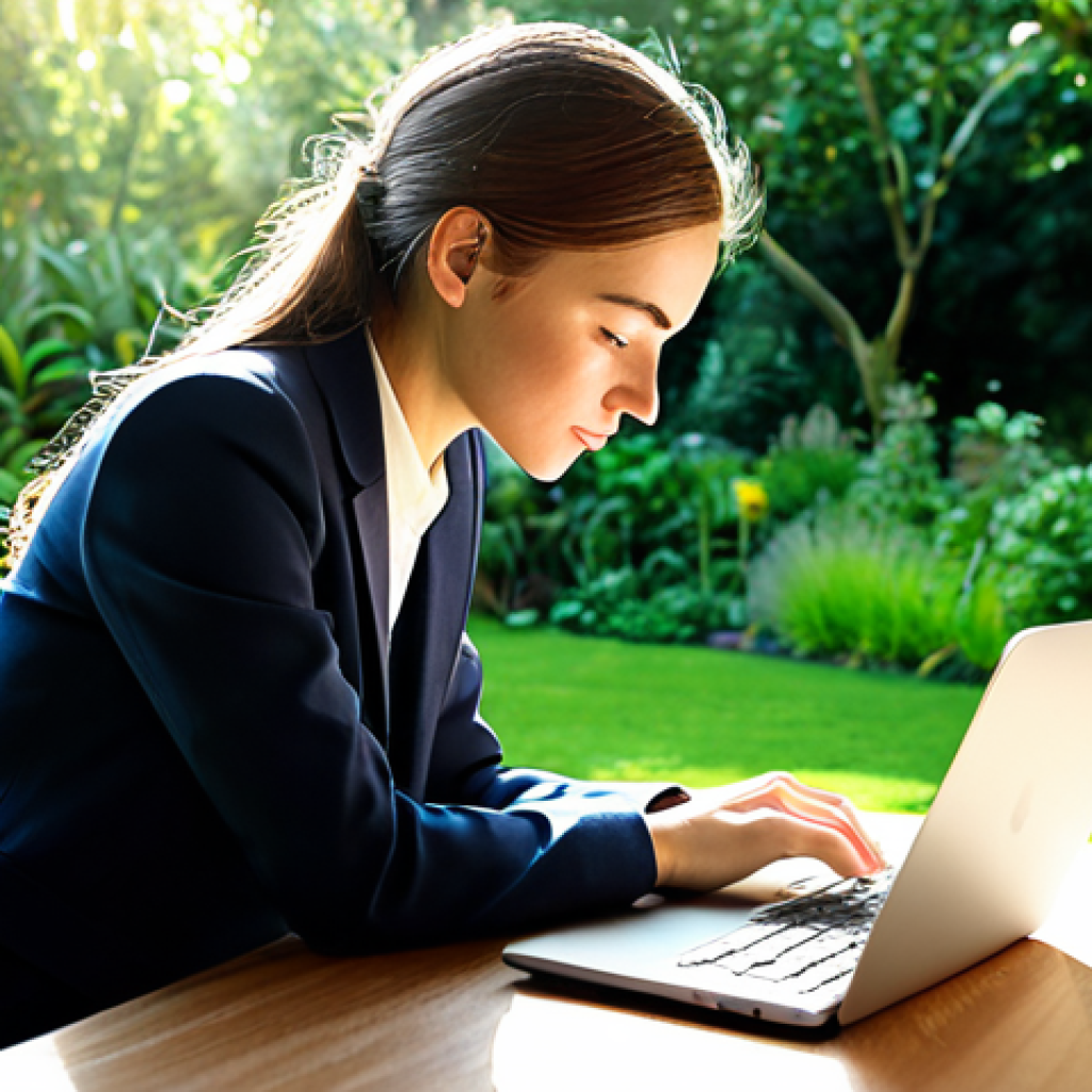 **

A young professional woman in a tailored blazer and smart casual attire, working on a laptop at a sun-drenched desk overlooking a lush garden, fully clothed, safe for work, perfect anatomy, natural pose, soft natural lighting, high-resolution, professional.

**