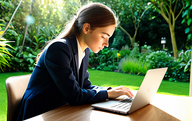 **

A young professional woman in a tailored blazer and smart casual attire, working on a laptop at a sun-drenched desk overlooking a lush garden, fully clothed, safe for work, perfect anatomy, natural pose, soft natural lighting, high-resolution, professional.

**