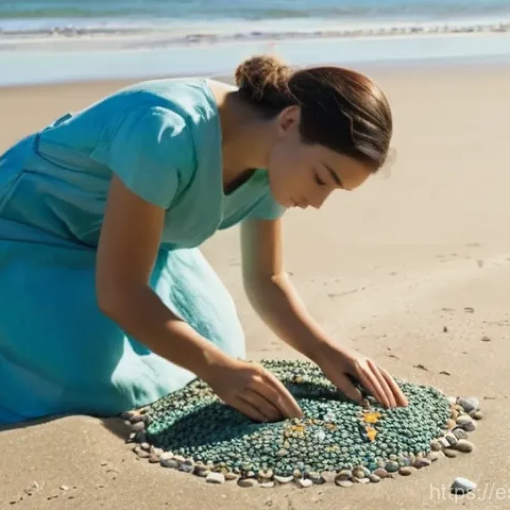자연 형태를 적용한 비주얼 아트 아이디어 - **Prompt:** A serene, sun-drenched coastal scene where a young woman, dressed in modest, loose-fitti...