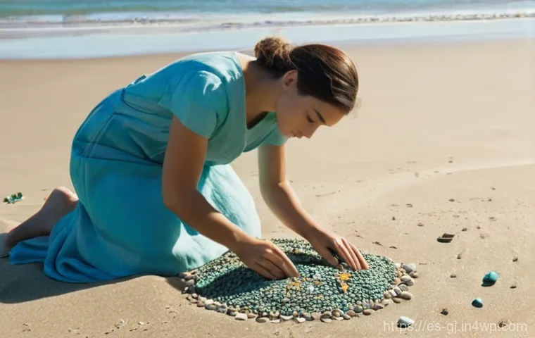 자연 형태를 적용한 비주얼 아트 아이디어 - **Prompt:** A serene, sun-drenched coastal scene where a young woman, dressed in modest, loose-fitti...