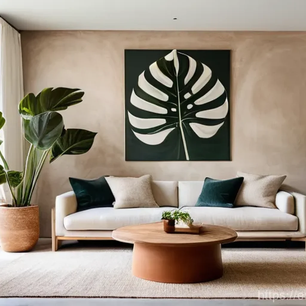 자연 형태 디자인에서의 소재 믹스 활용법 - **"A serene, modern Spanish living room bathed in warm, natural light. The floor features smooth, po...