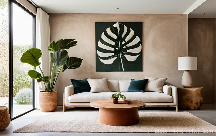 자연 형태 디자인에서의 소재 믹스 활용법 - **"A serene, modern Spanish living room bathed in warm, natural light. The floor features smooth, po...
