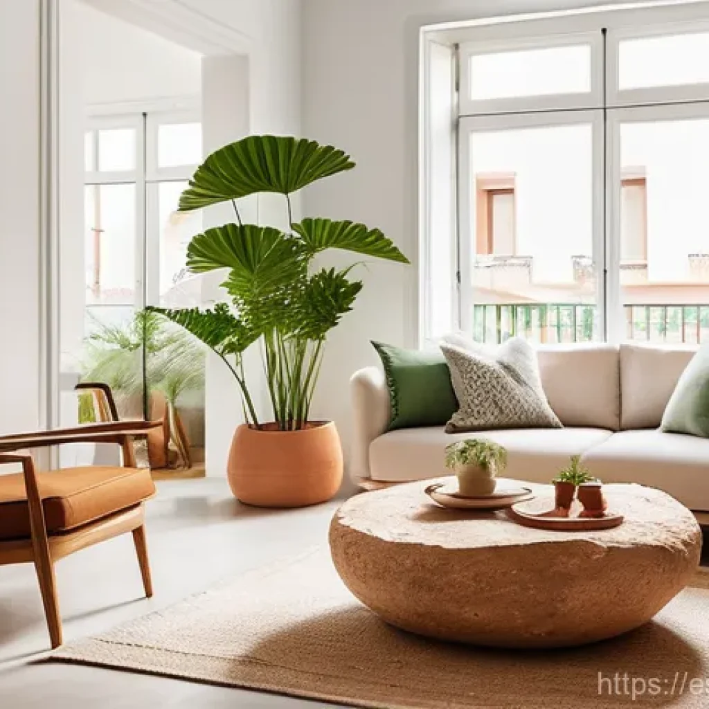 자연 형태 디자인에서의 경계 허물기 - **Prompt:** A serene and inviting living room in a modern Spanish apartment, showcasing exquisite bi...
