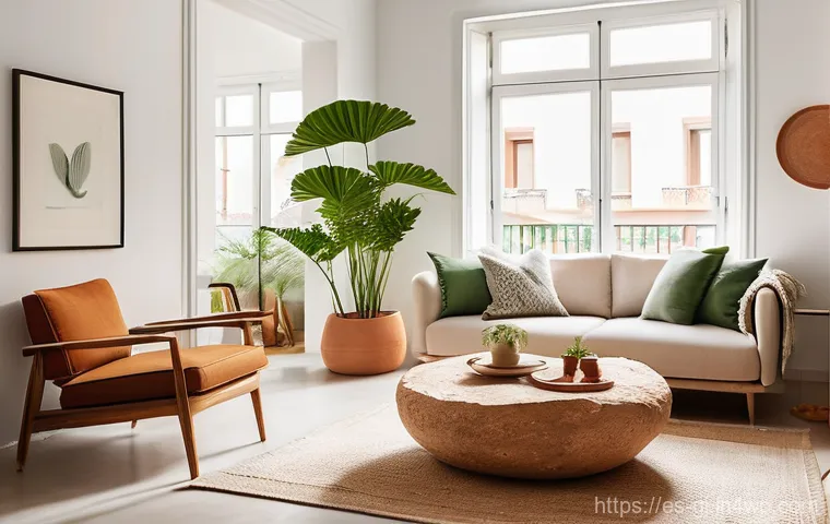 자연 형태 디자인에서의 경계 허물기 - **Prompt:** A serene and inviting living room in a modern Spanish apartment, showcasing exquisite bi...