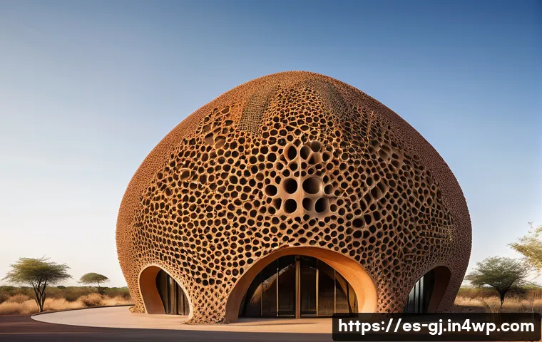 자연 형태 디자인의 국제적 사례 연구 - A modern biomimetic building inspired by the structure of a termite mound in Namibia, showcasing nat...