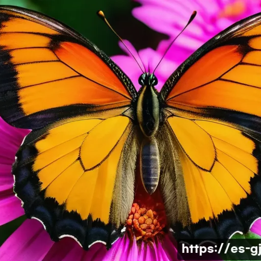 자연 형태 디자인에서의 균형과 비율 - A vibrant close-up of a symmetrical butterfly perched on a colorful flower in a lush forest setting,...