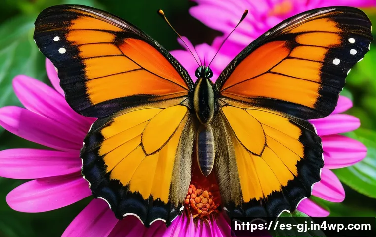 자연 형태 디자인에서의 균형과 비율 - A vibrant close-up of a symmetrical butterfly perched on a colorful flower in a lush forest setting,...