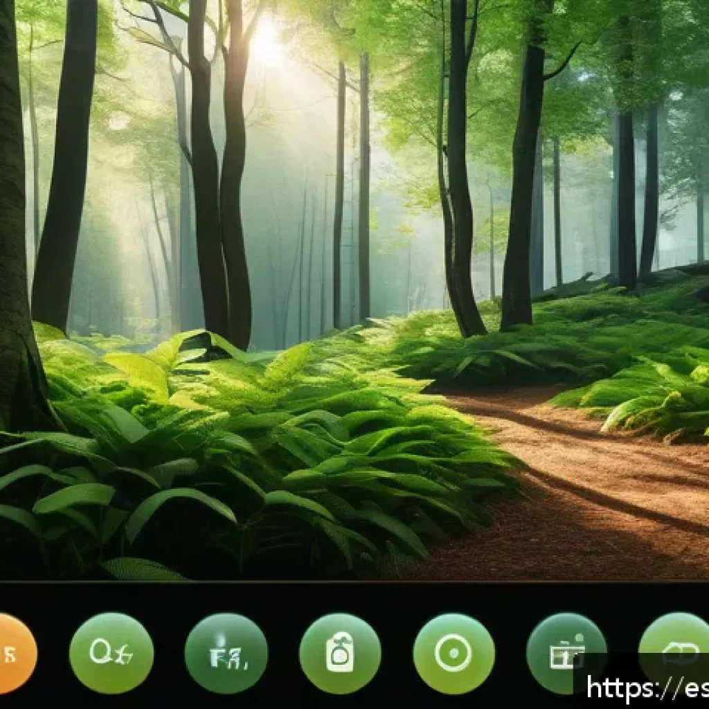 자연 형태 디자인에서의 사용자 경험의 중요성 - A serene digital meditation app interface featuring a soothing background of a lush green forest wit...