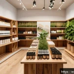 Home 18 자연 형태 디자인의 효과적인 마케팅 전략 - A cozy eco-friendly cosmetics store interior featuring biodegradable packaging with botanical illust...