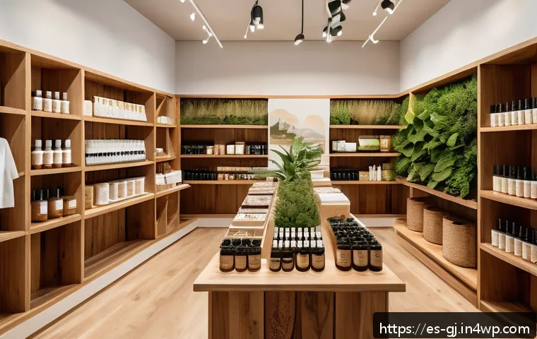 자연 형태 디자인의 효과적인 마케팅 전략 - A cozy eco-friendly cosmetics store interior featuring biodegradable packaging with botanical illust...