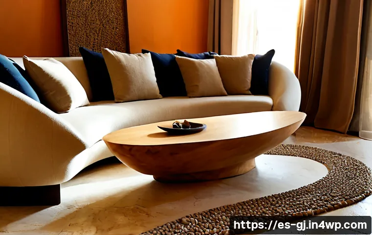 Home 30 자연 형태 디자인의 현대적 해석 - Photorealistic modern living room in a Mediterranean Spanish home, sculptural oak furniture with smo...