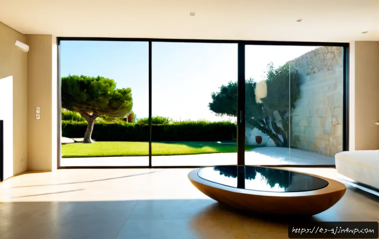 Home 17 자연 형태 디자인과 현대적 기술의 융합 - Photorealistic modern living room in a sunlit Spanish coastal home, sculptural furniture inspired by...
