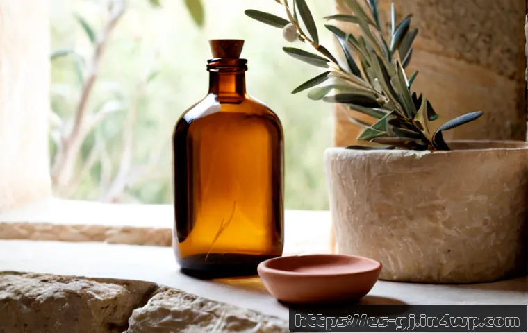 Home 17 자연 형태를 강조한 제품 촬영 팁 - Photorealistic product photography of an unbranded amber glass skincare bottle resting on weathered ...