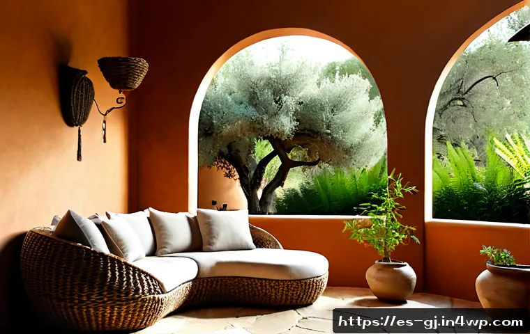 자연 형태를 반영한 라이프스타일 디자인 - Photorealistic Spanish Mediterranean living room inspired by natural forms, curved oak sofa with lin...