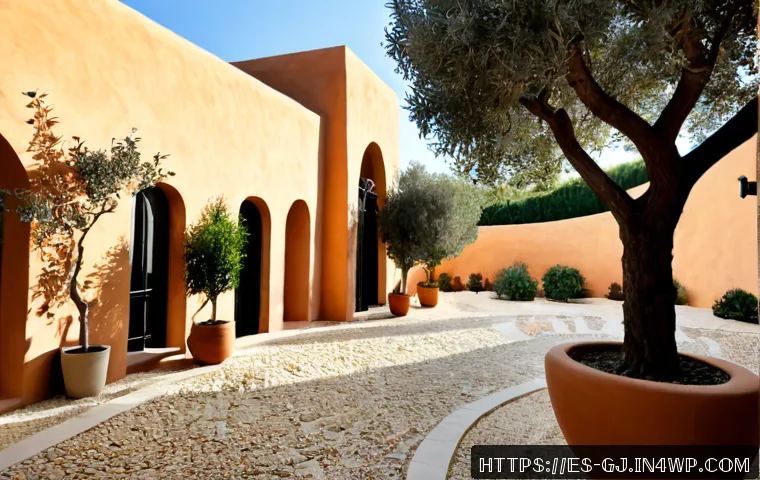 자연 형태 디자인의 요소와 원칙 - Photorealistic Mediterranean Spanish courtyard designed with natural-form principles, flowing curved...